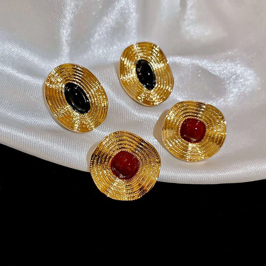 Retro Temperament Geometric Liquid Metal Thread Circular Black Imitation Gemstone Stud Earrings for Women Korea Designer Jewelry