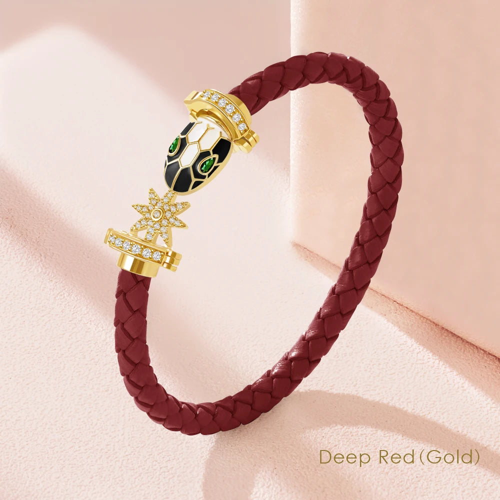 MOONLIGHT Genuine Braided Leather Bracelet for Woman Zircon Eight Pointed Star Classic Snake Head Bracelet Female Jewelry Gifts
