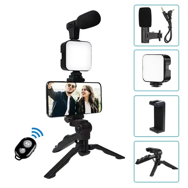 Smartphone Vlogging Kit With Tripod Phone Holder Mini Microphone LED Fill Light Starter For Live Stream Video YouTube