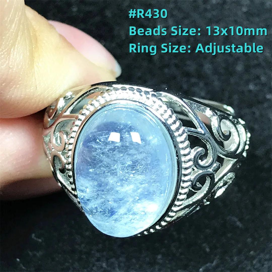 Top Natural Ocean Blue Aquamarine Ring For Male Men Gift Rare Crystal Beads Stone Silver Fashion Adjustable Ring Jewelry AAAAA