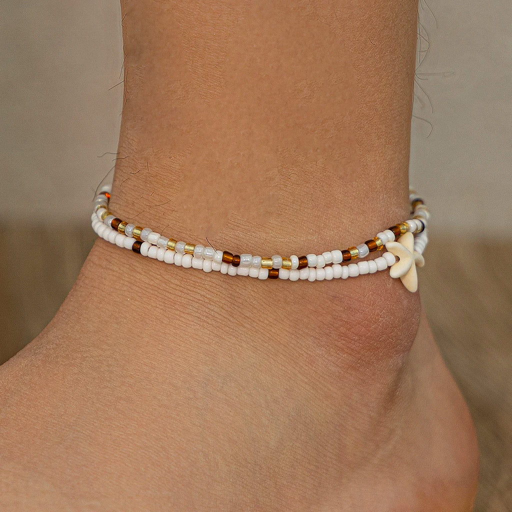 PuRui 2 pcs Sets Beaded Anklets For Women White Acrylic Starfish Ankle Chain Girls Csaual Accessories New In For Beach Party