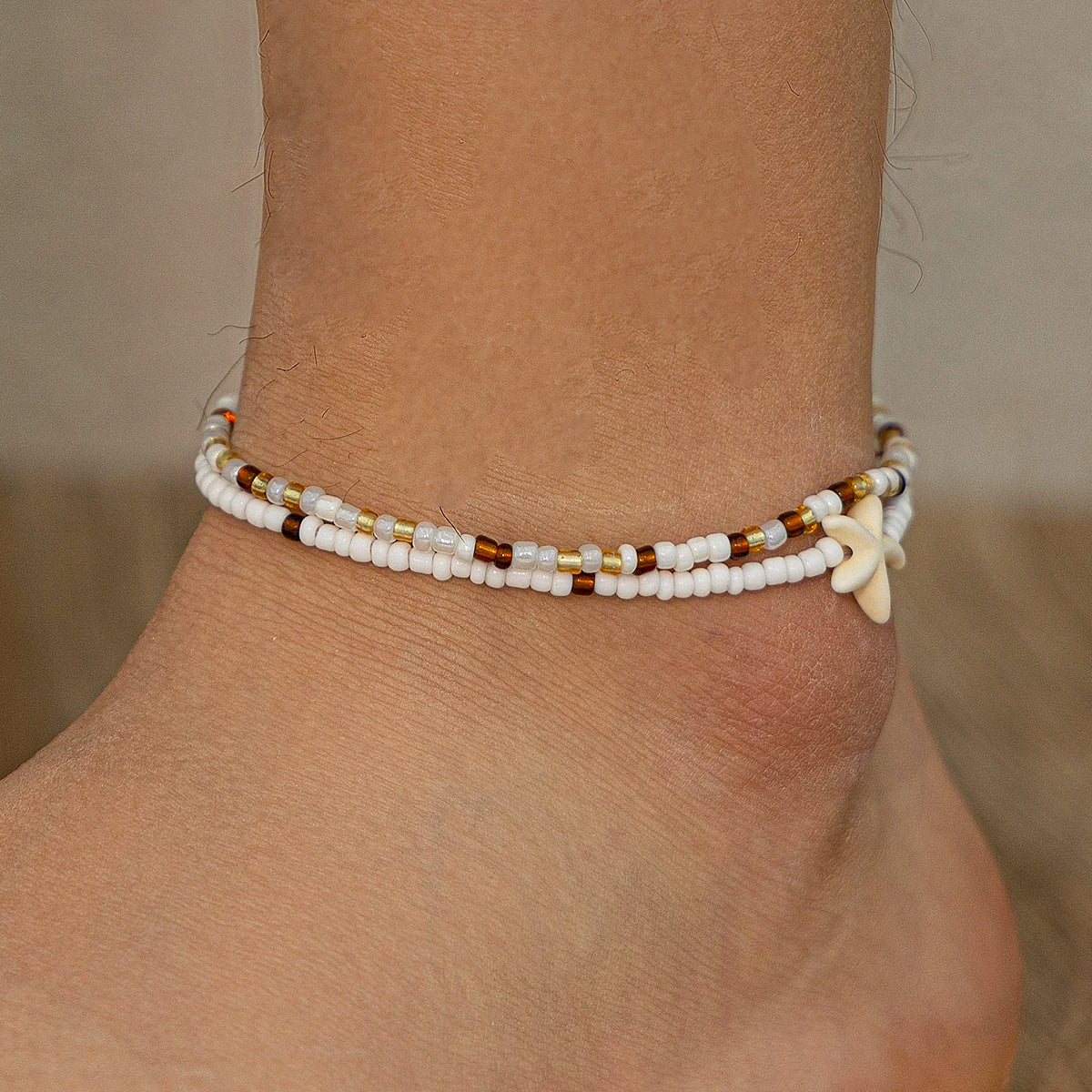 PuRui 2 pcs Sets Beaded Anklets For Women White Acrylic Starfish Ankle Chain Girls Csaual Accessories New In For Beach Party