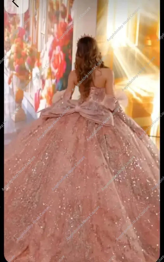 Customized Vestido 15 Quinceañeras Glittering Pink  Princess Quinceanera Dresses With Bow Beaded Crystal Corset Birthday Party
