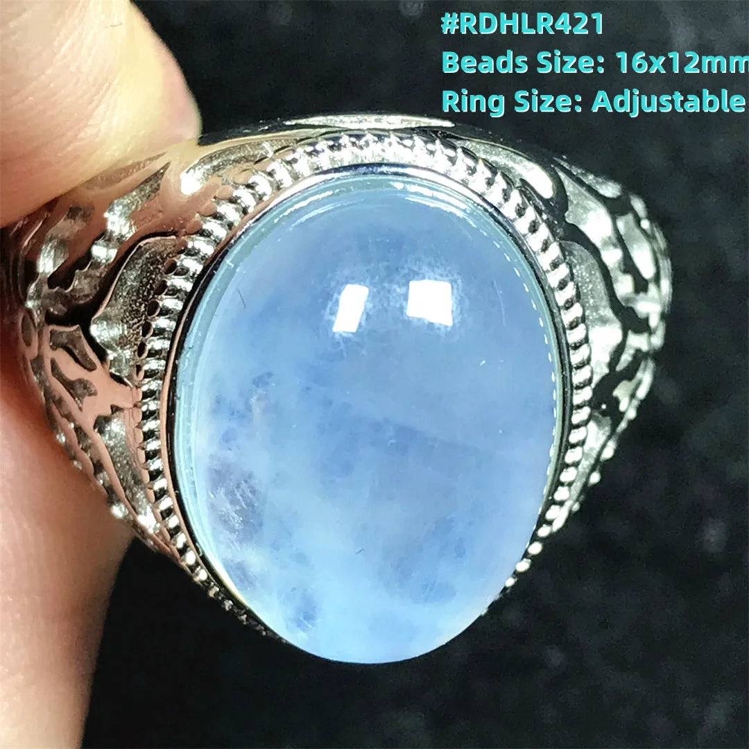 Top Natural Ocean Blue Aquamarine Ring For Male Men Gift Rare Crystal Beads Stone Silver Fashion Adjustable Ring Jewelry AAAAA