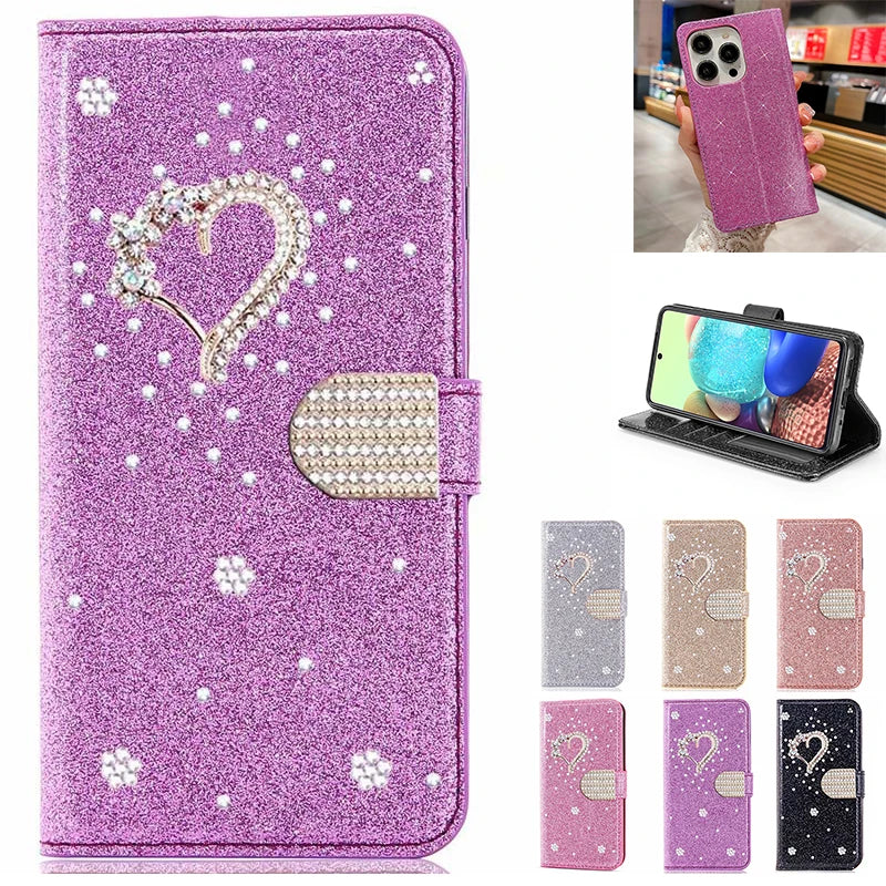 Glowing Glitter Leather Flip Phone Case Pink iPhone 17 ProMax Air 16 E 15 Pro 14 Plus 13 12 Mini X XR XS 11 Max 7 8 Luxury Cover