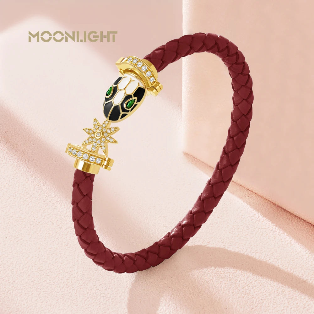 MOONLIGHT Genuine Braided Leather Bracelet for Woman Zircon Eight Pointed Star Classic Snake Head Bracelet Female Jewelry Gifts