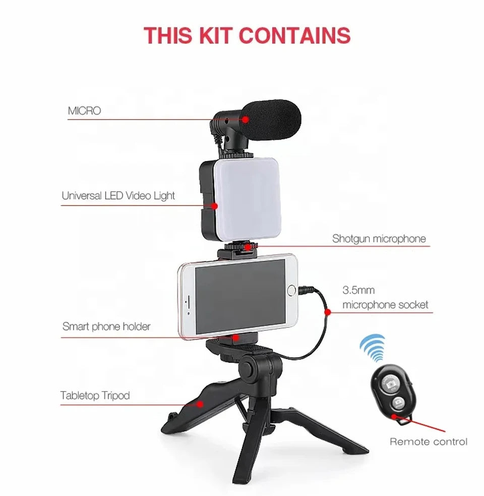 Smartphone Vlogging Kit With Tripod Phone Holder Mini Microphone LED Fill Light Starter For Live Stream Video YouTube