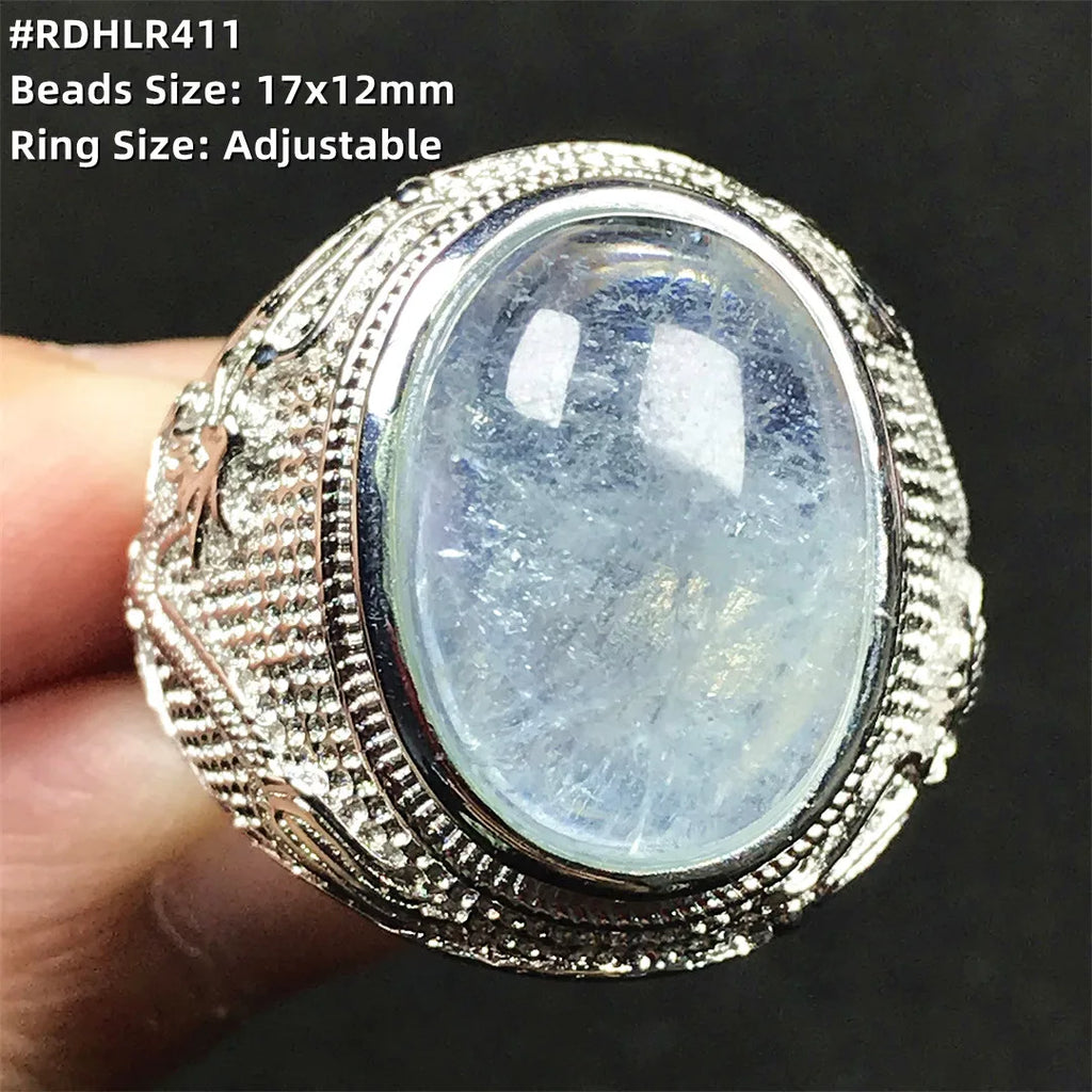 Top Natural Ocean Blue Aquamarine Ring For Male Men Gift Rare Crystal Beads Stone Silver Fashion Adjustable Ring Jewelry AAAAA