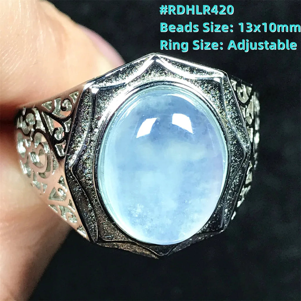 Top Natural Ocean Blue Aquamarine Ring For Male Men Gift Rare Crystal Beads Stone Silver Fashion Adjustable Ring Jewelry AAAAA