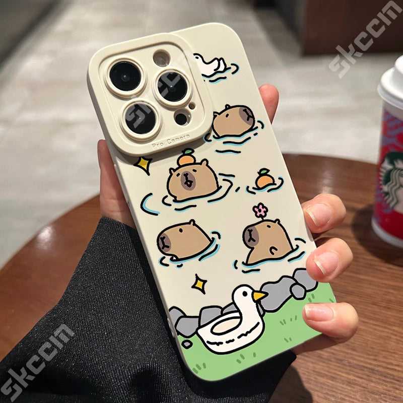 Matte Phone Case For iPhone 15 Pro Max 14 Plus 13 12 Mini 11 XS X XR 7 8 Cute Capybara Pattern Soft Silicone Bumper Cover