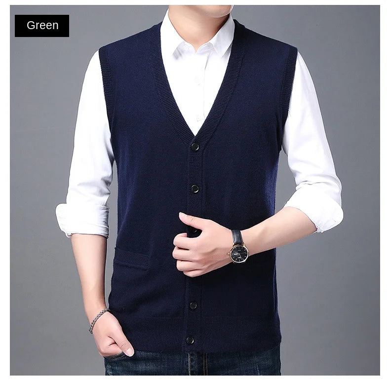 2025 High Quality New Autum Winter Fashion Brand V Neck Knit Korean Vest Christmas Sweater Men Woolen Casual Mens Clothes
