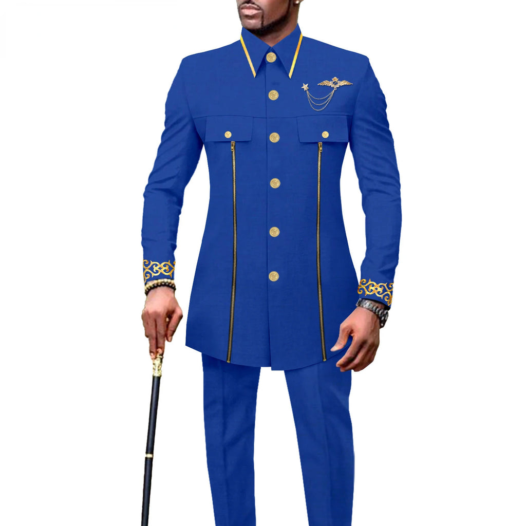 new fashion casual African ethnic solid color cotton men's casual embroidered jacket + pants 2 sets  mens clothes  funny suit