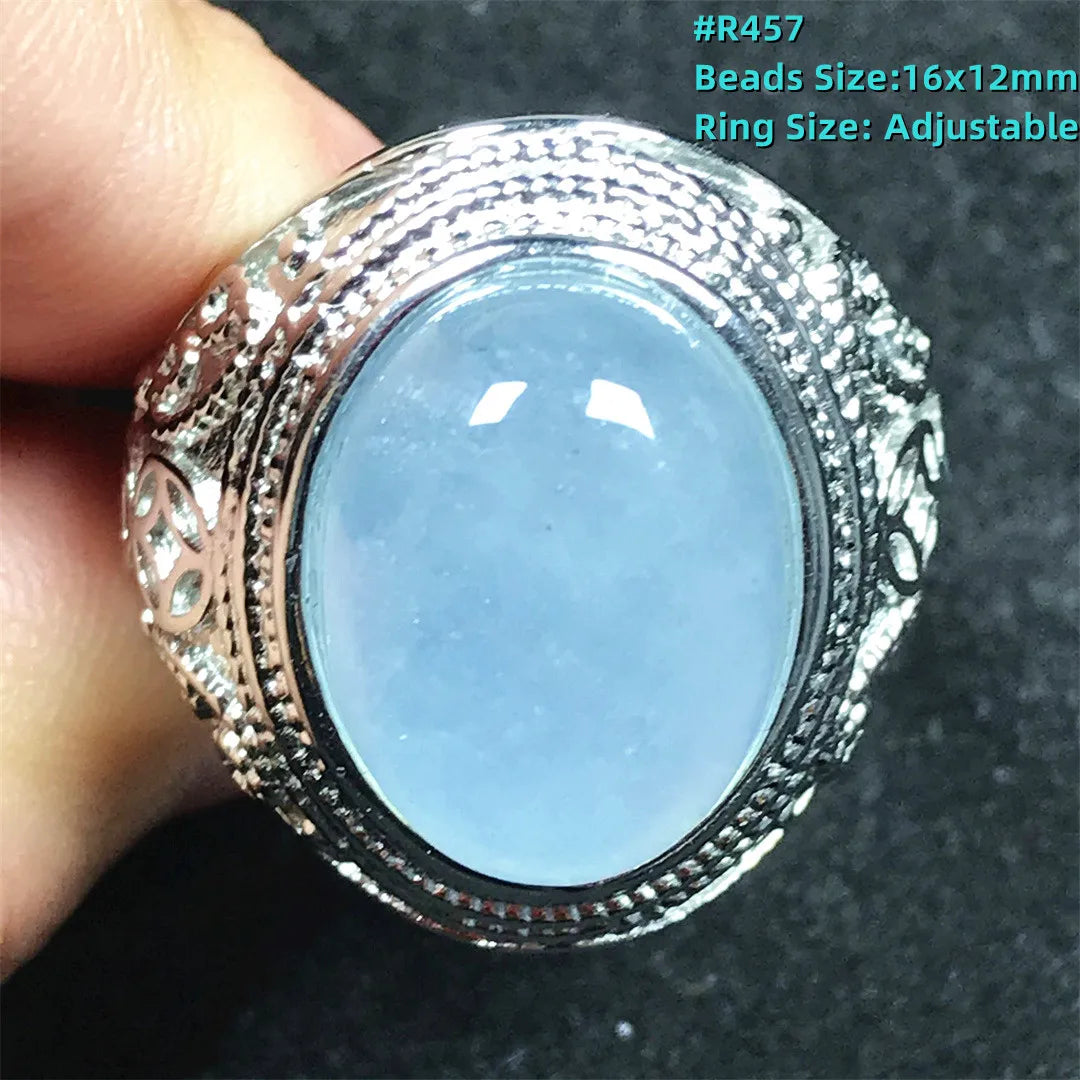 Top Natural Ocean Blue Aquamarine Ring For Male Men Gift Rare Crystal Beads Stone Silver Fashion Adjustable Ring Jewelry AAAAA