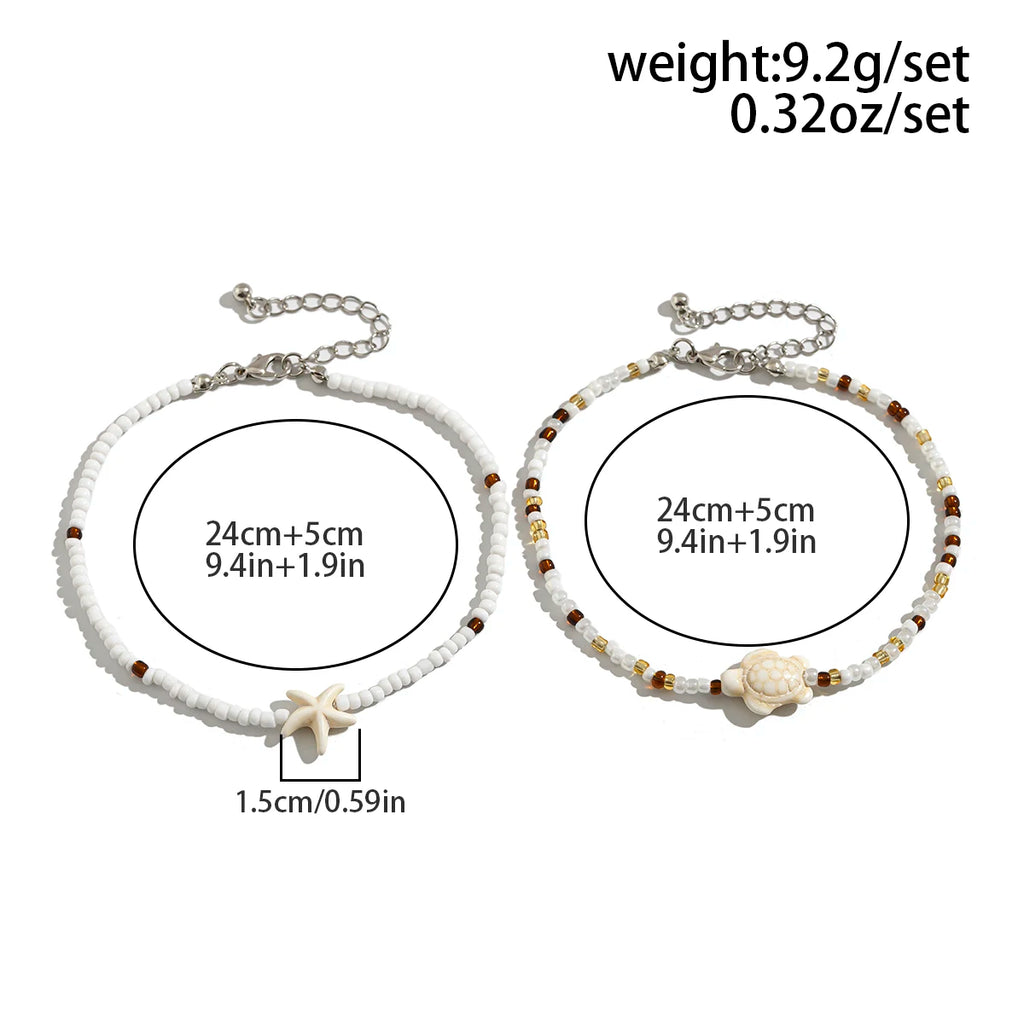PuRui 2 pcs Sets Beaded Anklets For Women White Acrylic Starfish Ankle Chain Girls Csaual Accessories New In For Beach Party