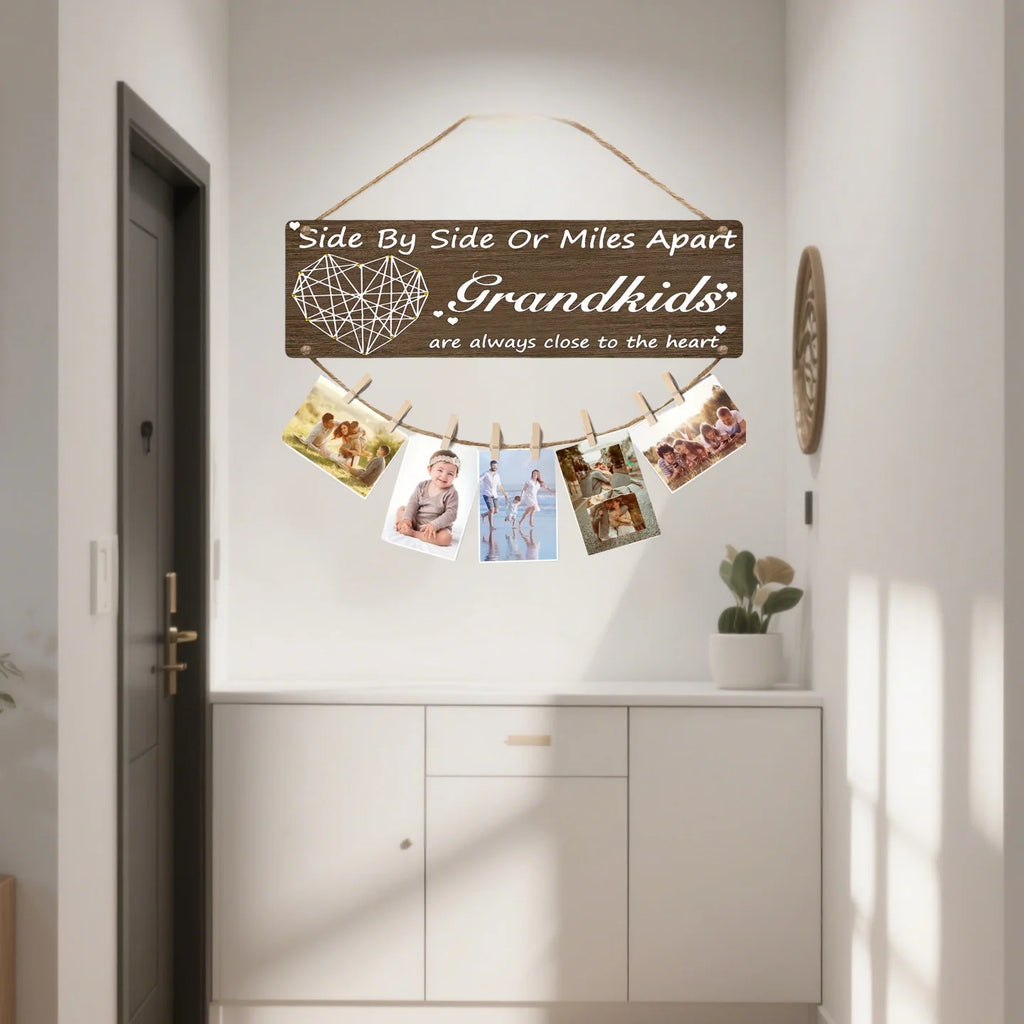 Rustic Wooden Grandkids Photo Frame Side By Side Or Miles Apart Design With Clips & Twine  Perfect For Living Room Bedroom Decor