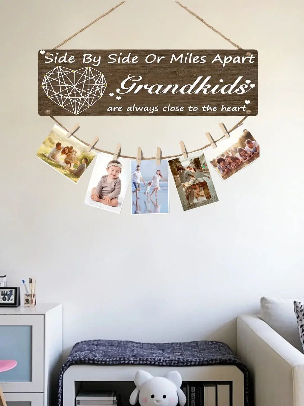 Rustic Wooden Grandkids Photo Frame Side By Side Or Miles Apart Design With Clips & Twine  Perfect For Living Room Bedroom Decor