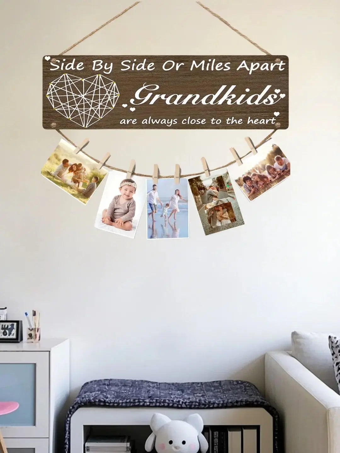 Rustic Wooden Grandkids Photo Frame Side By Side Or Miles Apart Design With Clips & Twine  Perfect For Living Room Bedroom Decor