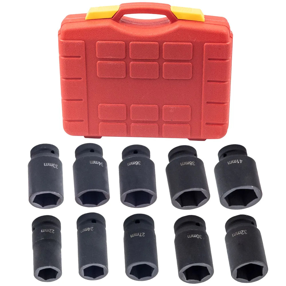 10Pcs 3/4" Deep Impact Socket Tool Set (22mm-41mm) 6-Point 3/4 Drive Metric