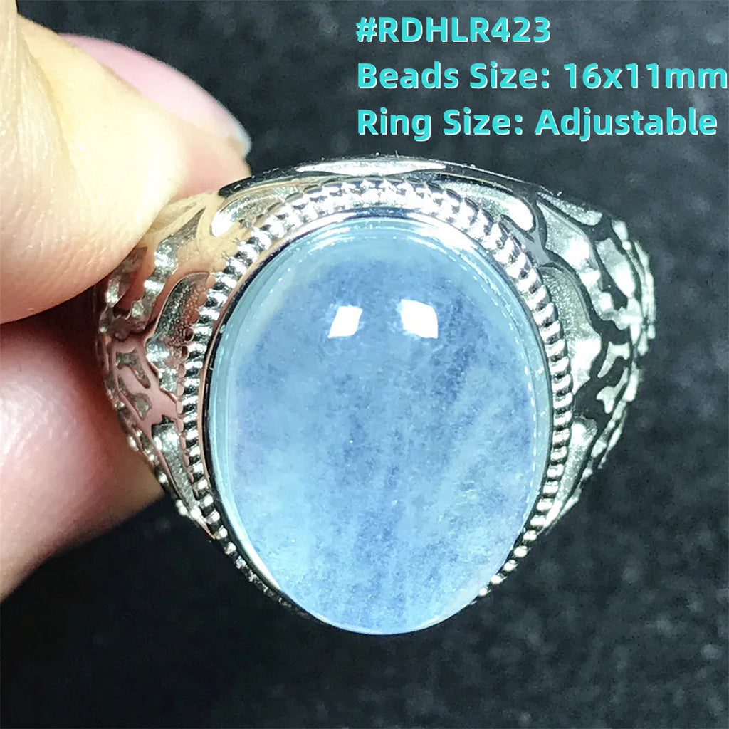 Top Natural Ocean Blue Aquamarine Ring For Male Men Gift Rare Crystal Beads Stone Silver Fashion Adjustable Ring Jewelry AAAAA