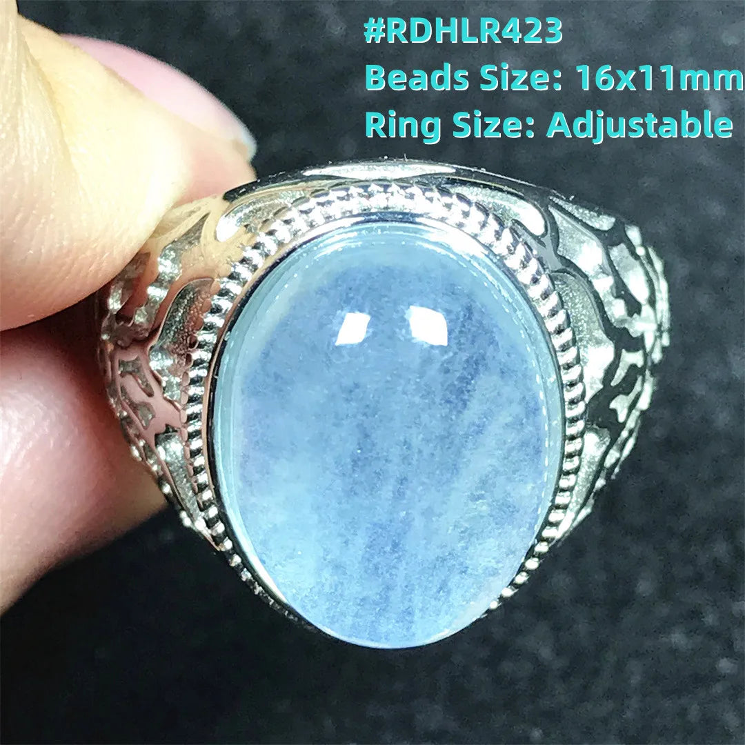 Top Natural Ocean Blue Aquamarine Ring For Male Men Gift Rare Crystal Beads Stone Silver Fashion Adjustable Ring Jewelry AAAAA