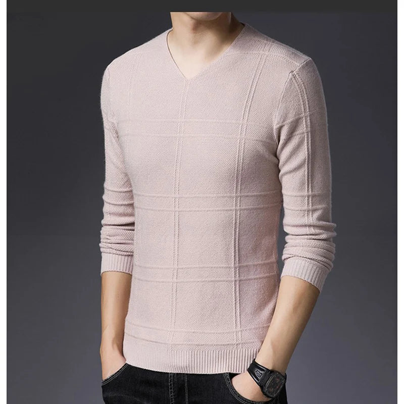 BROWON 2025 New Mens Clothes Spring Autumn Solid Color Casual V-Neck Sweaters Korean Fashion Slim Fit Long-Sleeved Sweater Men