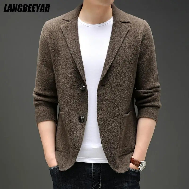 Top Grade New Autum Winter Brand Fashion Knit Blazer Mens Top Cardigan Slim Fit Sweater Casual Coats Jacket Mens Clothes 2025