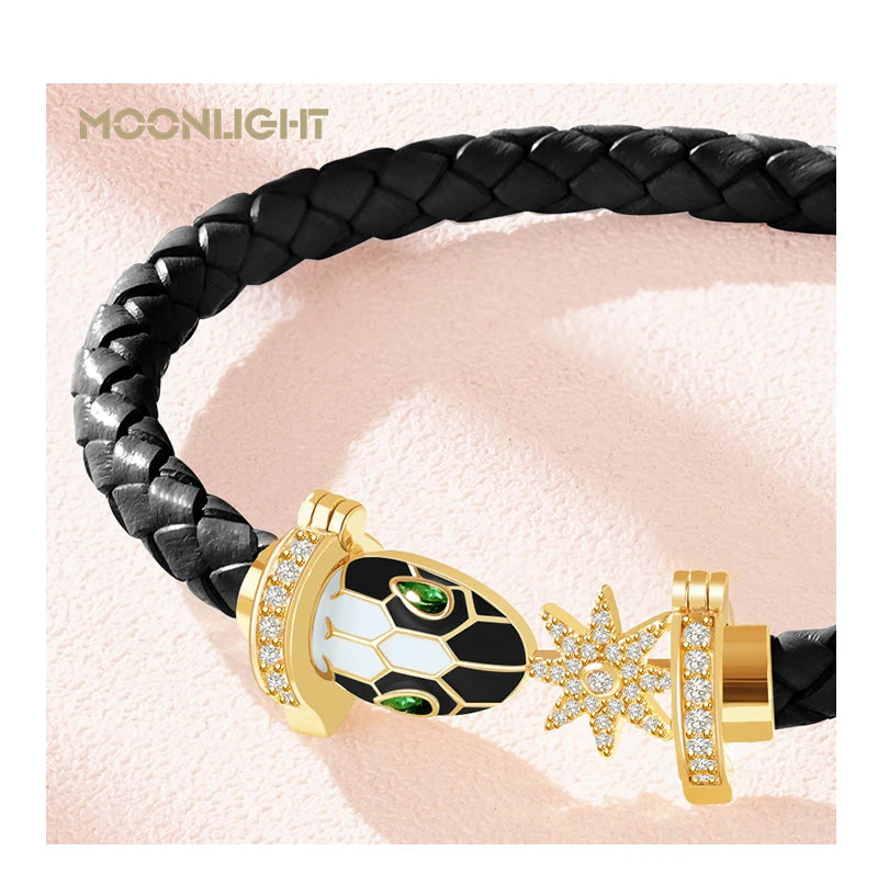 MOONLIGHT Genuine Braided Leather Bracelet for Woman Zircon Eight Pointed Star Classic Snake Head Bracelet Female Jewelry Gifts