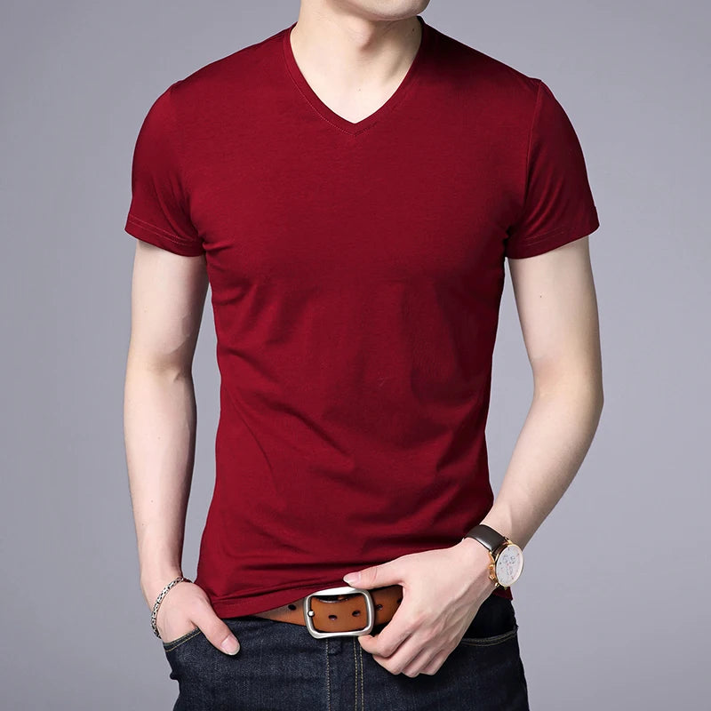 2025 Summer Brand Tops 95% Cotton 5% Spandex t Shirt For Men v Neck Plain Solid Color Short Sleeve Casual Fashion Mens Clothes