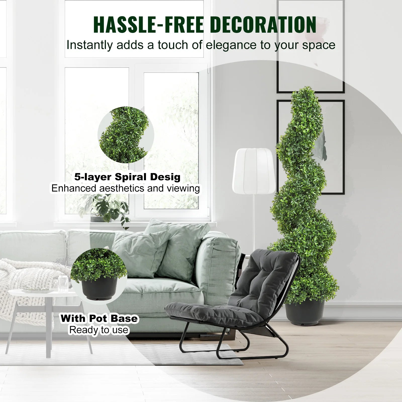 SucceBuy 1/2pcs Artificial Boxwood Tower Topiary Spiral Artificial Plant 24/36/48in high Decorative Plants Green Plastic PE Tree