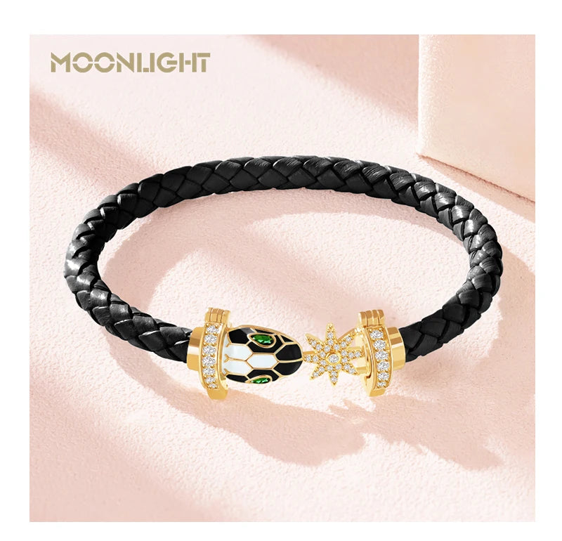 MOONLIGHT Genuine Braided Leather Bracelet for Woman Zircon Eight Pointed Star Classic Snake Head Bracelet Female Jewelry Gifts