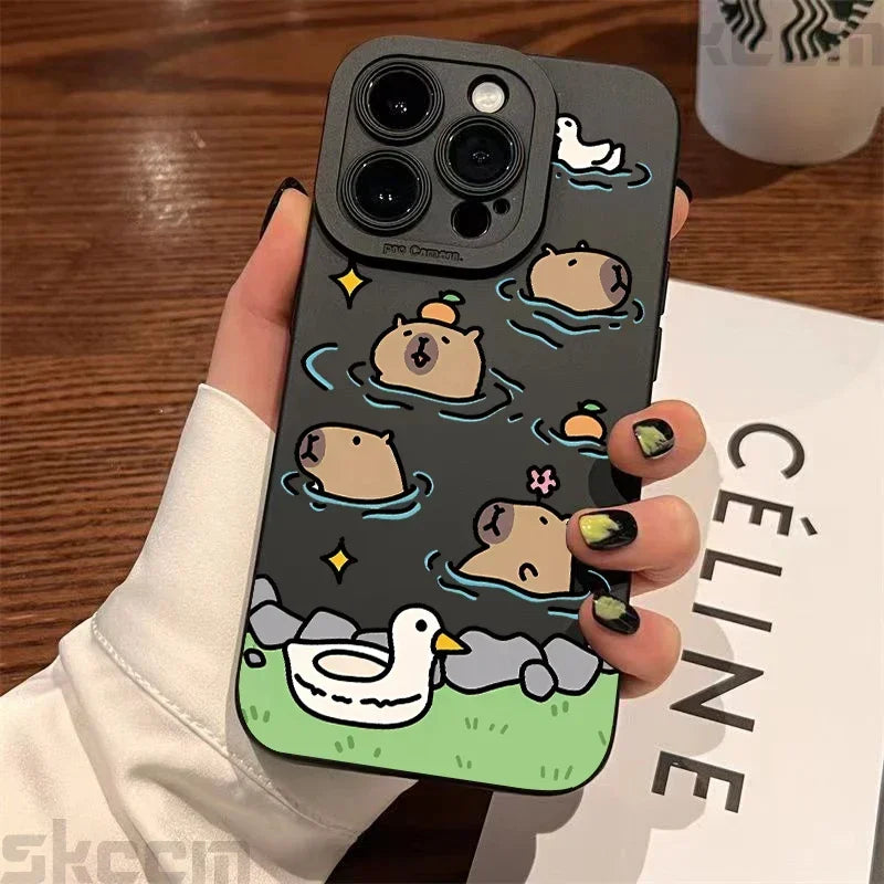 Matte Phone Case For iPhone 15 Pro Max 14 Plus 13 12 Mini 11 XS X XR 7 8 Cute Capybara Pattern Soft Silicone Bumper Cover