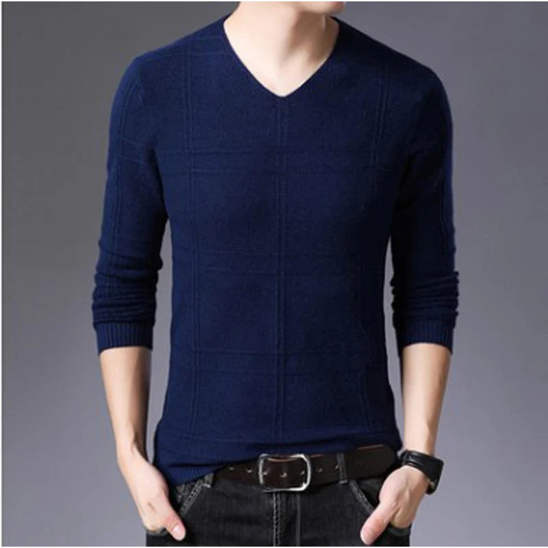 BROWON 2025 New Mens Clothes Spring Autumn Solid Color Casual V-Neck Sweaters Korean Fashion Slim Fit Long-Sleeved Sweater Men