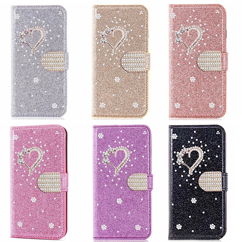 Glowing Glitter Leather Flip Phone Case Pink iPhone 17 ProMax Air 16 E 15 Pro 14 Plus 13 12 Mini X XR XS 11 Max 7 8 Luxury Cover