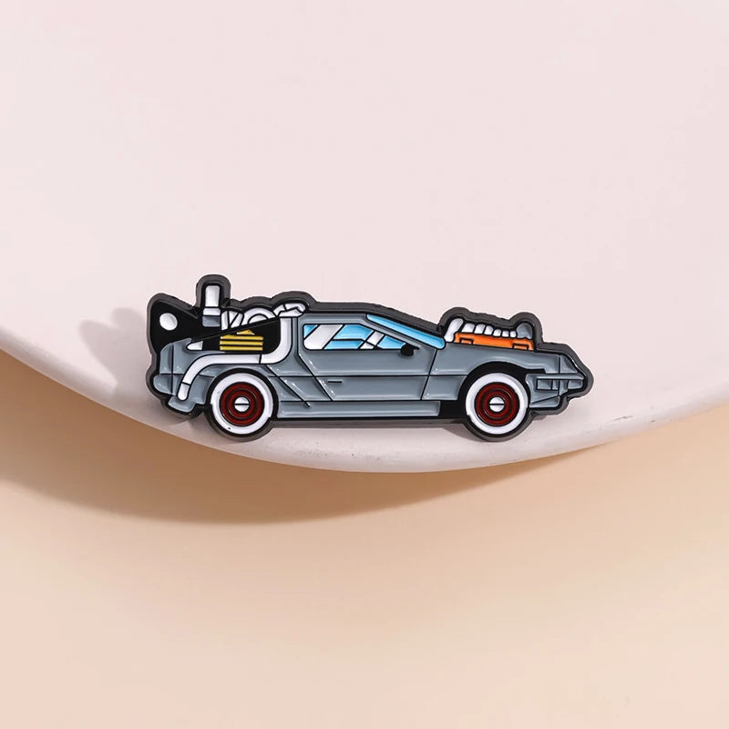 Retro Cartoon Sport Car Enamel Pin Science Fiction Movies Inspired Vehicle Brooch Jacket Lapel Badge Jewelry Gift For Friends