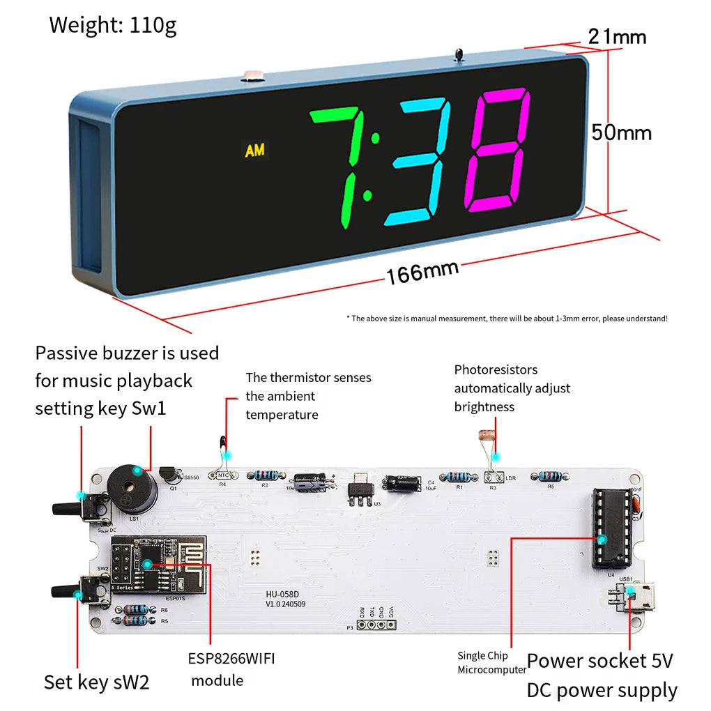 ESP8266 IoT Colorful WiFi Clock Kit Intelligent Electronic Clock DIY Welding Practice Parts Set Automatic Time Synchronization