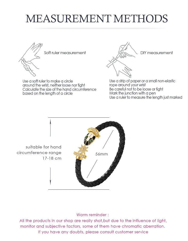MOONLIGHT Genuine Braided Leather Bracelet for Woman Zircon Eight Pointed Star Classic Snake Head Bracelet Female Jewelry Gifts