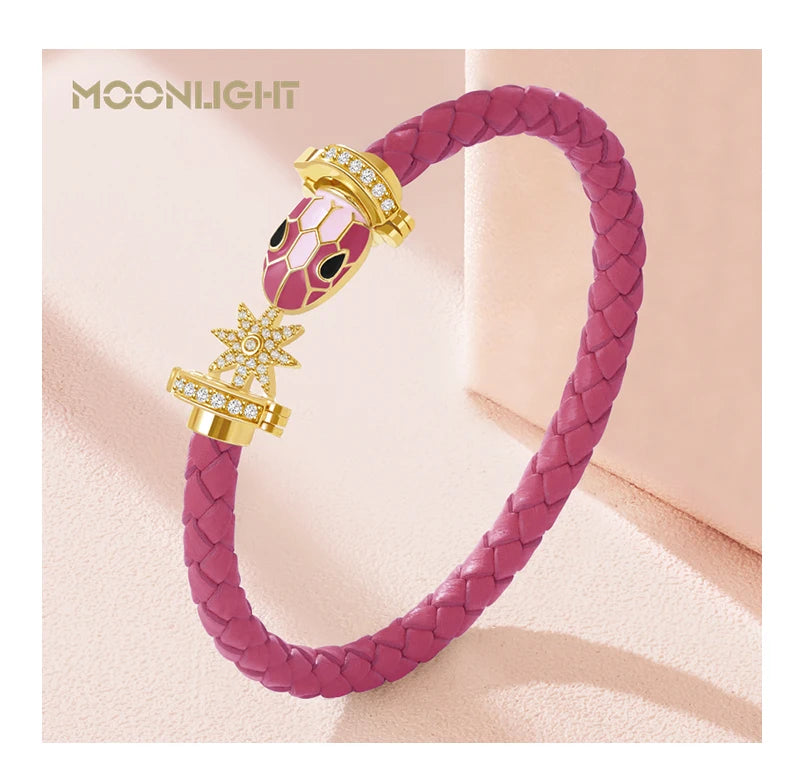 MOONLIGHT Genuine Braided Leather Bracelet for Woman Zircon Eight Pointed Star Classic Snake Head Bracelet Female Jewelry Gifts