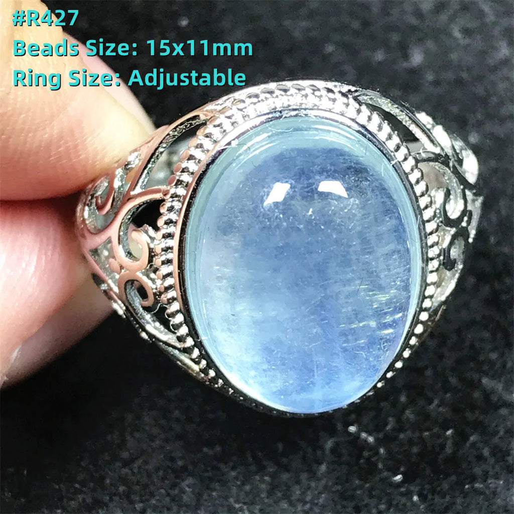 Top Natural Ocean Blue Aquamarine Ring For Male Men Gift Rare Crystal Beads Stone Silver Fashion Adjustable Ring Jewelry AAAAA