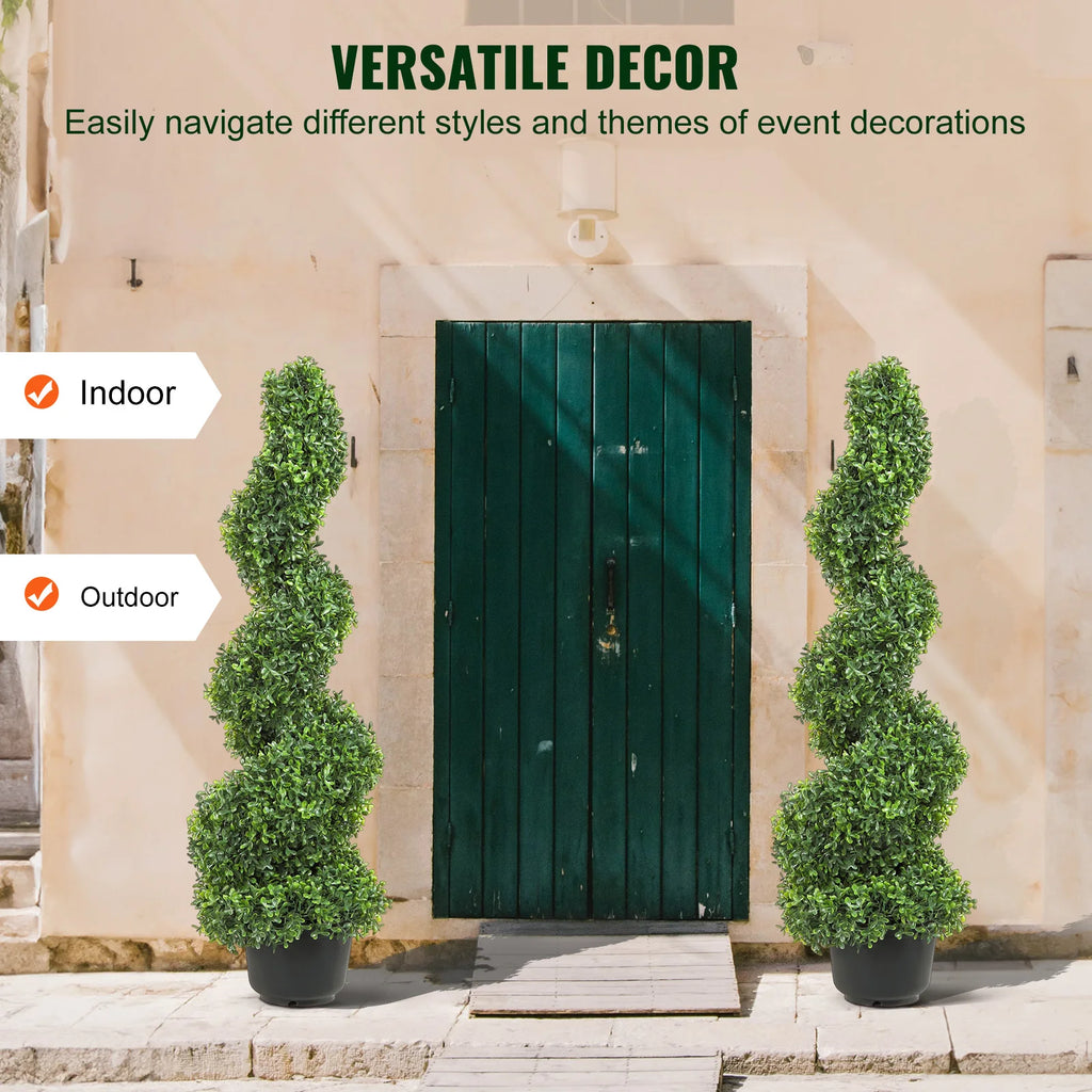 SucceBuy 1/2pcs Artificial Boxwood Tower Topiary Spiral Artificial Plant 24/36/48in high Decorative Plants Green Plastic PE Tree