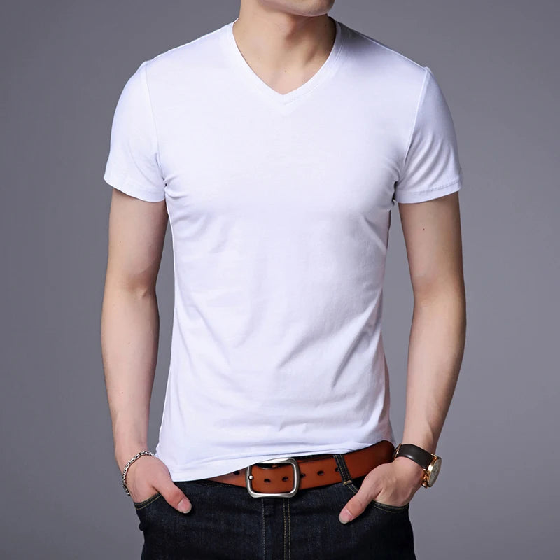 2025 Summer Brand Tops 95% Cotton 5% Spandex t Shirt For Men v Neck Plain Solid Color Short Sleeve Casual Fashion Mens Clothes