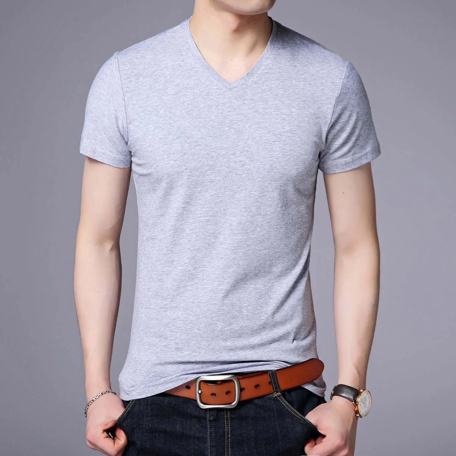 2025 Summer Brand Tops 95% Cotton 5% Spandex t Shirt For Men v Neck Plain Solid Color Short Sleeve Casual Fashion Mens Clothes