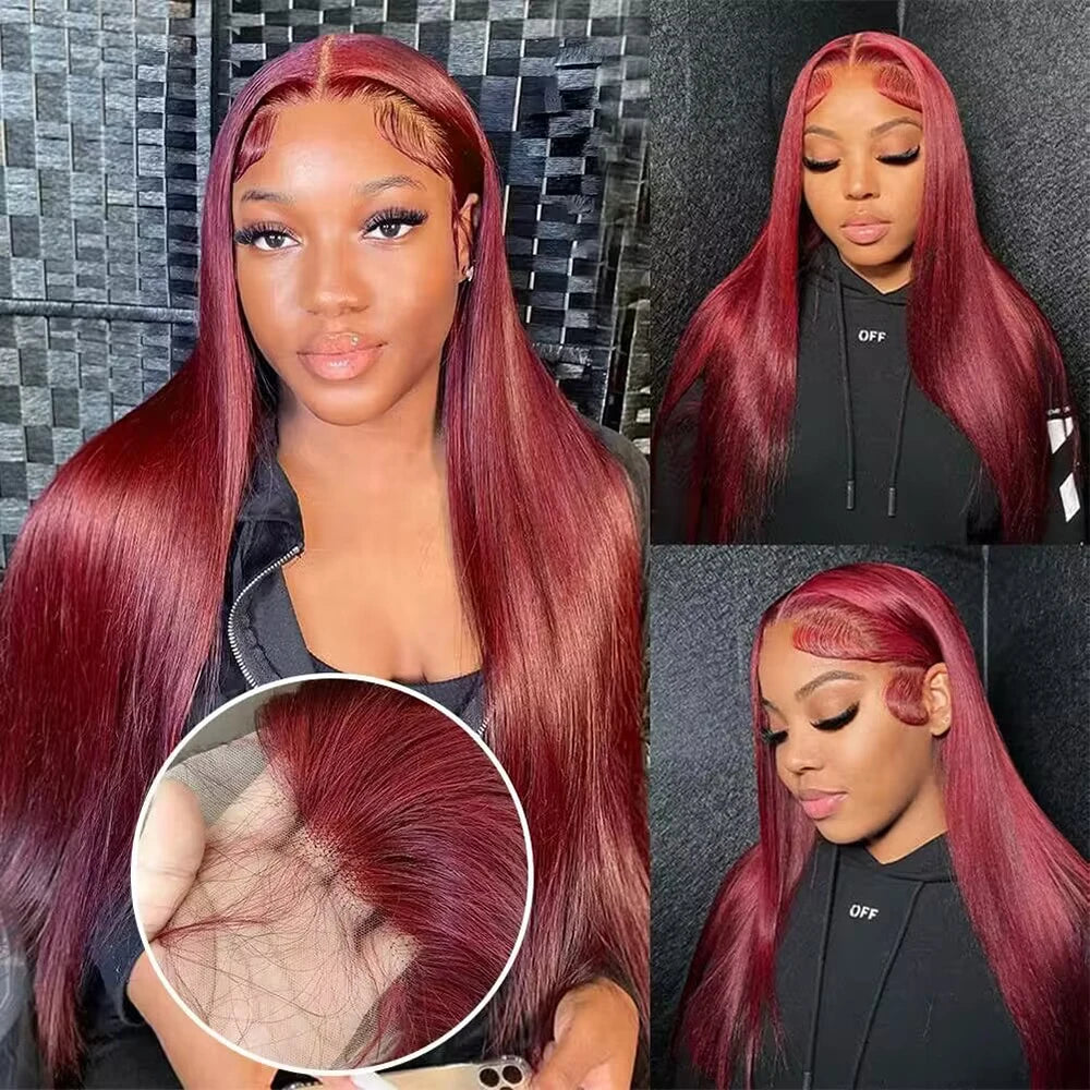 200 Density 99j Burgundy 13x4 13x6 Full Frontal Lace Preplucked Colored Straight Frontal Wig HD Transparent Lace Human Hair Wigs